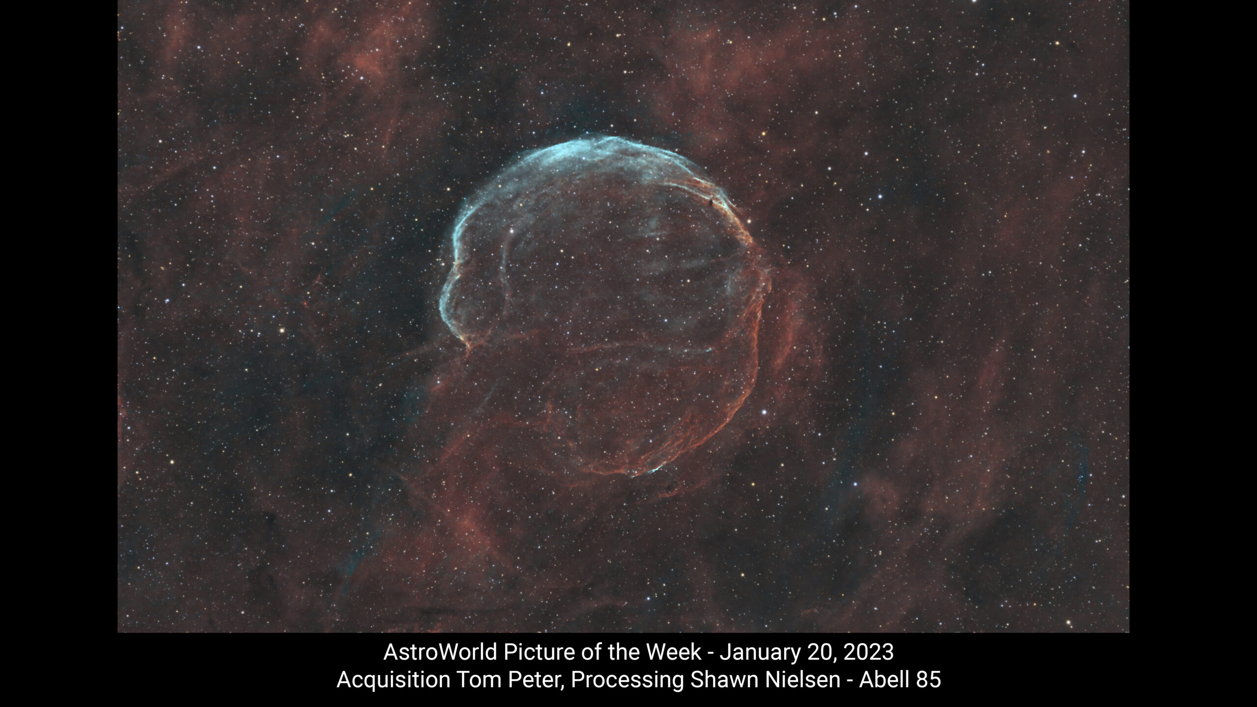 Abell 85 SHO collaboration between Tom Peter and Shawn Nielsen.  Data taken with Tom’s NP127is/ASI6200MM Pro, Astrodon 3nm filters, ASI Air Pro, CGXL mount.  I violated all the rules of CMOS imaging…The Ha data was 600 & 1200 sec subs and the Oiii and Sii were 900 sec subs…total integration time was 15h 40m.  I wasn’t happy with my processing and I reached out to Shawn after watching an old episode of AstroWorld where he mentioned he was imaging this object and it was so faint, it was hard to get good data.  Shawn processed my data, his way, and brought out a lot more Oiii than I could and I just did some tweaking of the stars and a bit of toning.  THANKS Shawn!  Hope ya like it!