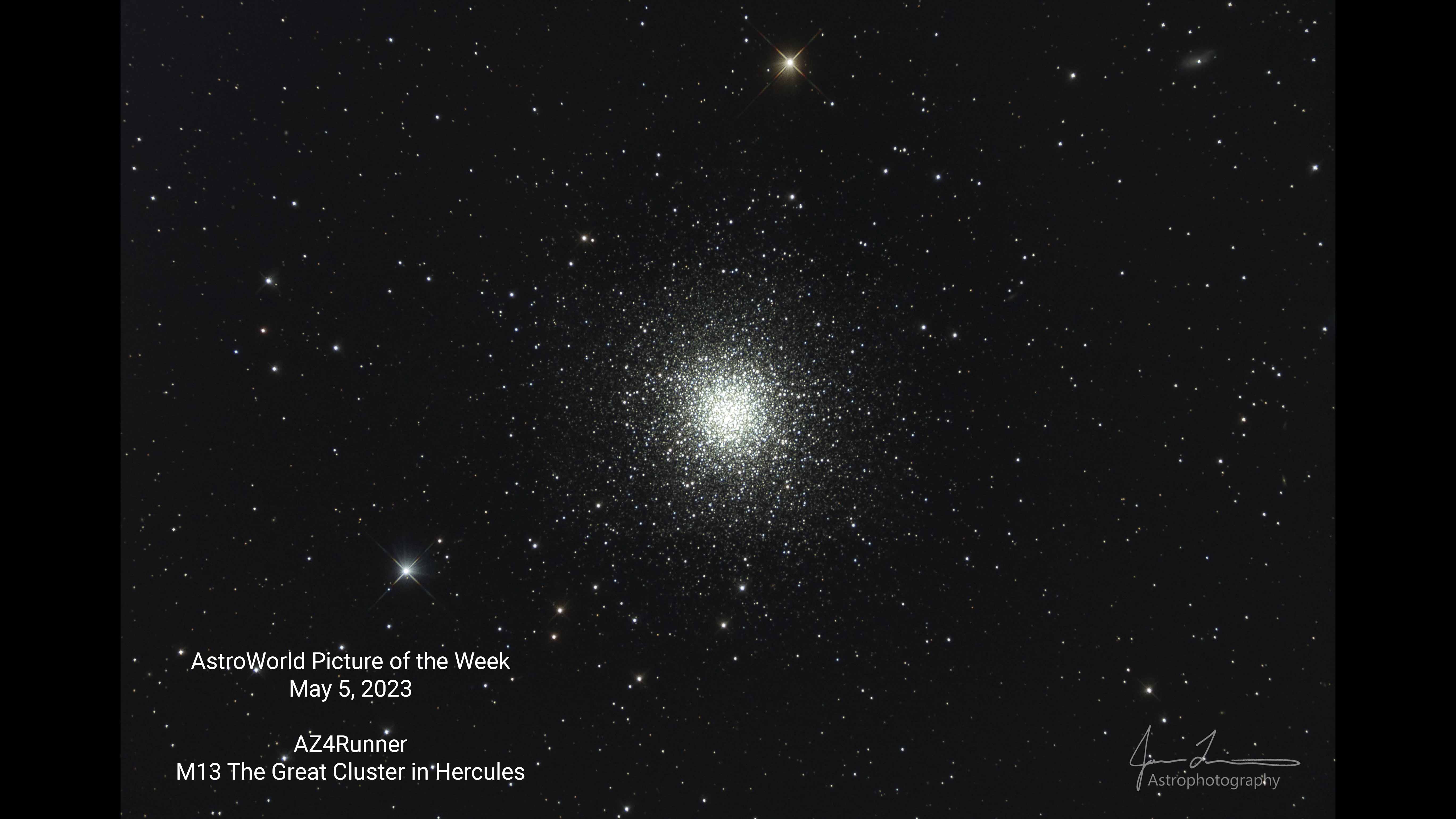AZ4Runner IOTW submission 05-01-23

M13 - The Hercules Cluster taken on 04-27-23

Main imaging scope
Orion 8"RC with AstroPhysics (x0.72) reducer 1152FL @ f/5.7
ZWO ASI294MM Gain 120 Offset 10
Optolong LRGB 36mm Filters

Guidescope
Orion ST80 400mm FL @ f/5
Orion Starhoot Autoguider

total integration 2hr2min

L - 27min (54x30sec)
R - 41min (82x30sec)
G - 27min (54x30sec)
B - 27min (54x30sec)

Darks,Flats< Dark Flats,BIAS

Imaged from my B6 backyard observatory in Yuma, Arizona
Image Aquisition in APT
Stacked in DSS
Processed in Photoshop