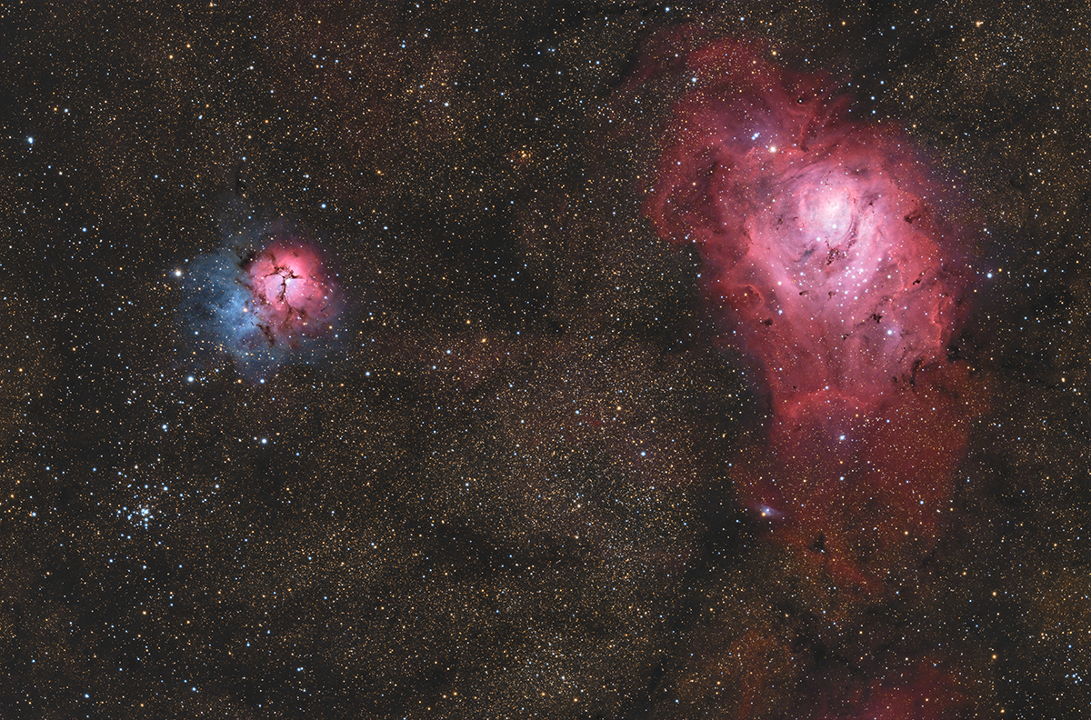 M8 and M20 by Ernie Jacobs - Date: 07/06/2024 Location: Eden, NY Camera: ZWO ASI2600MC Pro Telescope: Explore Scientific Essential Series ED80mm Filter: None Reducer: None Mount: Sky-Watcher EQ6-R Pro Exposure: 114 subs at 60 sec each (1 hour 54 minutes total exposure) Processing: PixInsight