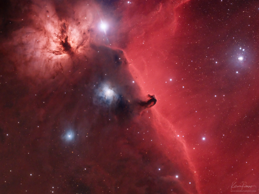 Horsehead Nebula (HaRGB) by Kevin Rasso, Taken from my backyard in Perry GA. Dual scope setup: SVX140T w FFFR Poseidon M Pro Chroma 5nm Ha (31x300), SVX90T w FFFR Poseidon C Pro Optolong QEF (25x300) for a total of 4 hours and 40 minutes of exposure. Paramount MyT was guided via OAG through SVX140T using ASI 174M mini.