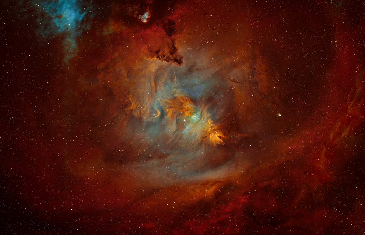 Cone Nebula by Greg Meyer - Taken in Arizona. Telescope: Raptor 61, Camera: ZWO2600mm, Filters: Optolong 3nm SHO filters 137 H (22hr 50m), 142 O (23hr 40m), 125 S (20hr 50m), Total integration: 67hr 10m