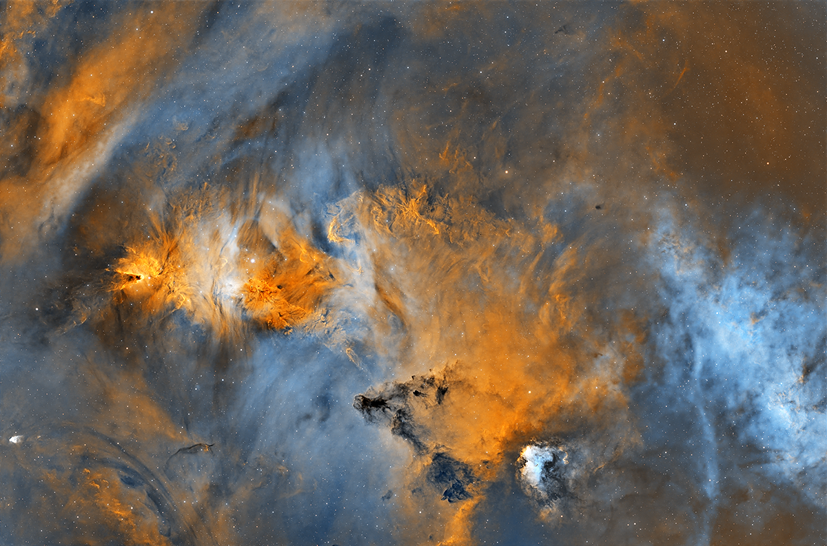 Cone Nebula Region NGC 2264 by Phoenix Astro: Widefield taken with FRA 600 and QHY 600 Chroma 3nm SHO filters 20:20hr integration time. Ha 88x300 Oiii 78x300 Sii 78x300